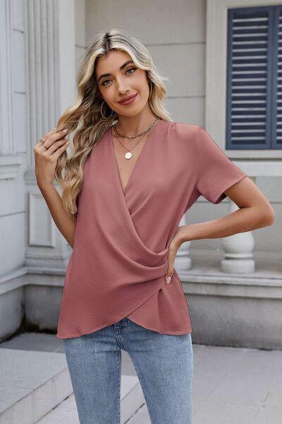 Solid Color Surplice Short Sleeve Blouse - Clothes For Her Online Store