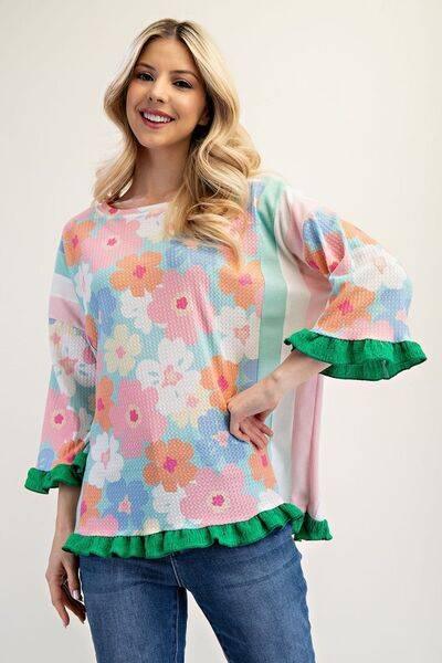 Celeste Full Size Floral Ruffle Hem Round Neck Blouse Plus Size