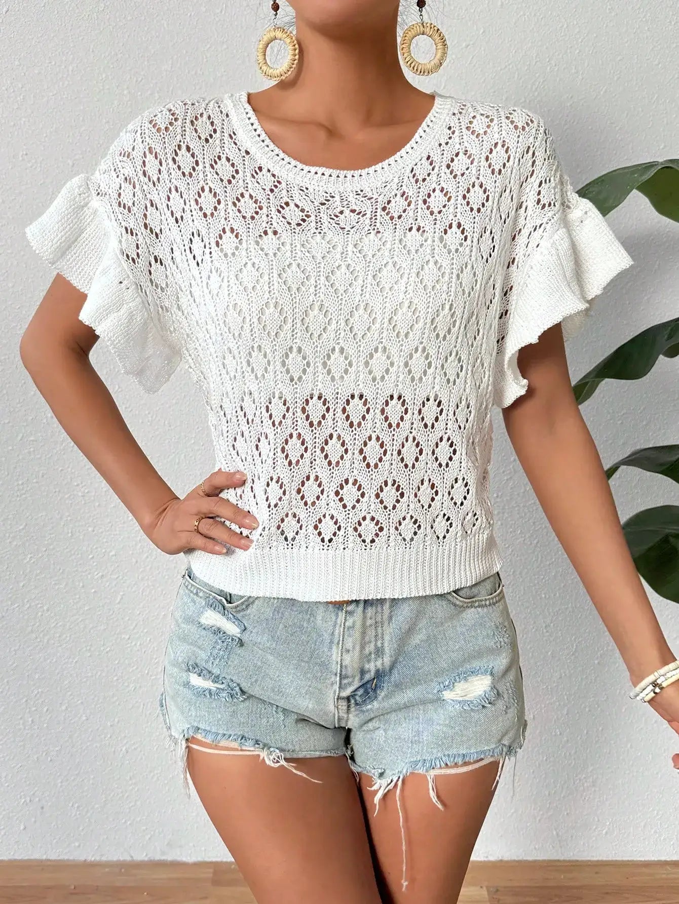 Ruffled Openwork Round Neck Knit Top