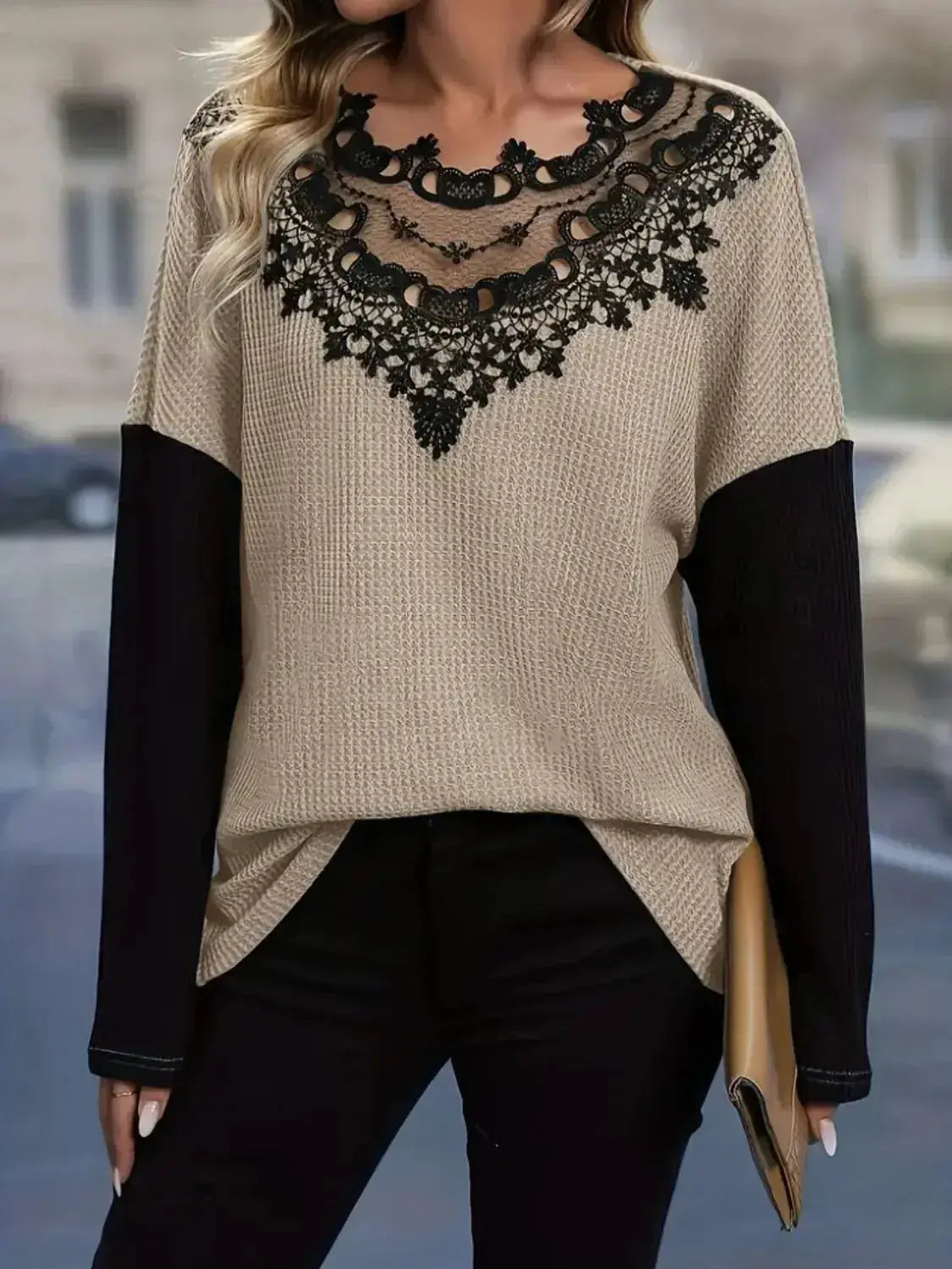 Contrast Lace Round Neck Long Sleeve T-Shirt - Clothes For Her Online Store
