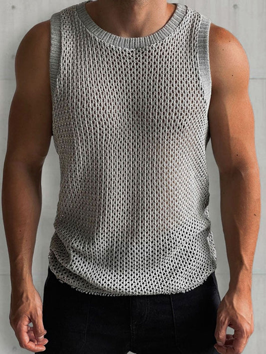 Men's Round Neck Hollow Out Sleeveless Knit Top - Clothes For Her Online Store