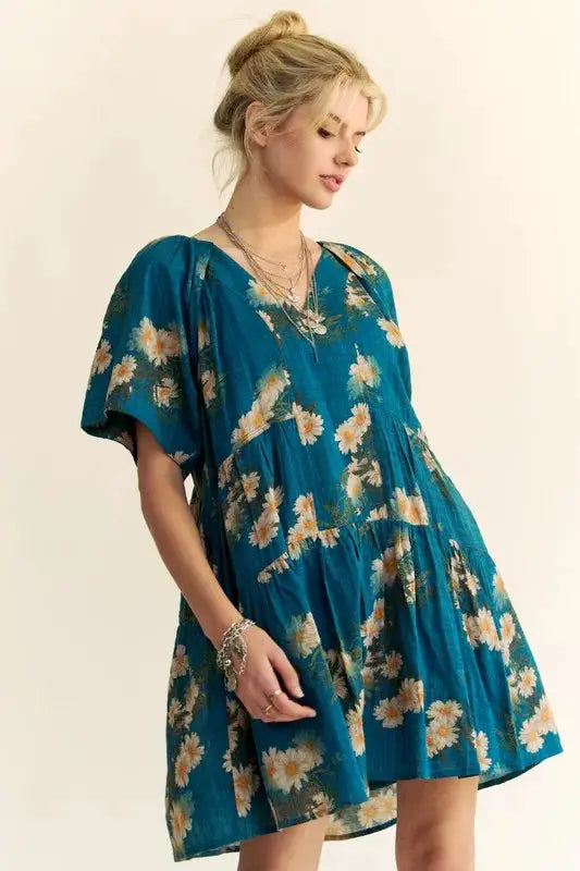 Davi & Dani Floral Print Short Bell Sleeve Pleated Mini Dress - Clothes For Her Online Store