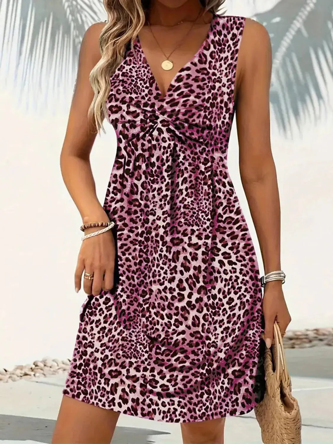 Leopard V-Neck Sleeveless Mini Dress - Clothes For Her Online Store