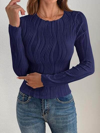 Textured Round Neck Long Sleeve Top