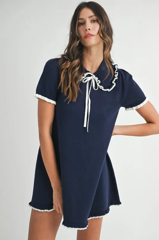 MABLE Ruffle Trimmed Collar Fine Knit Mini Dress