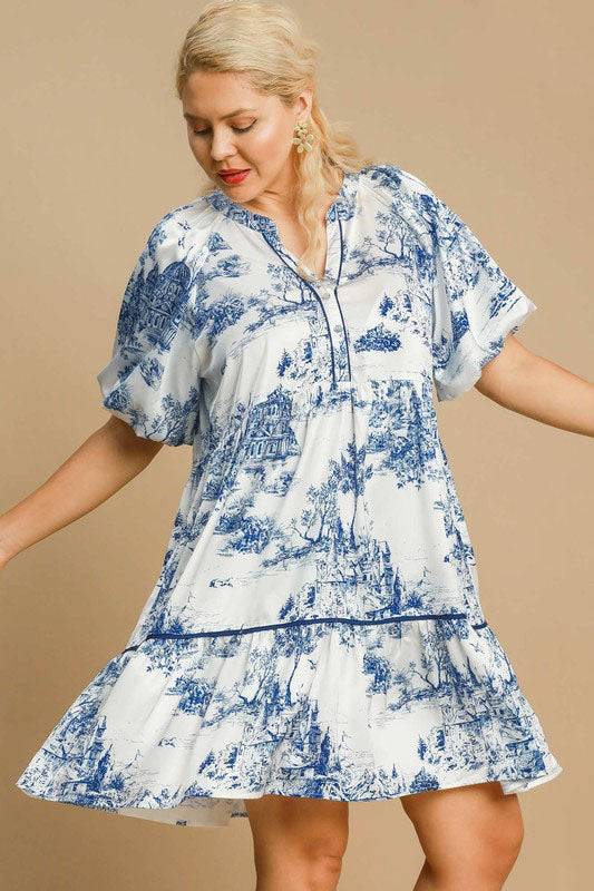 Umgee Full Size Two Tone Landscape Print Dress Plus Size - Clothes For Her Online Store