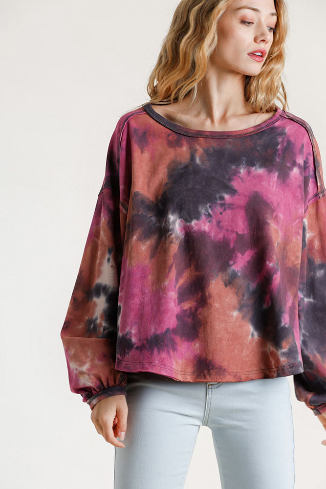 Umgee Full Size Tie Dye Round Neck Long Balloon Sleeve Top Plus Size - Clothes For Her Online Store