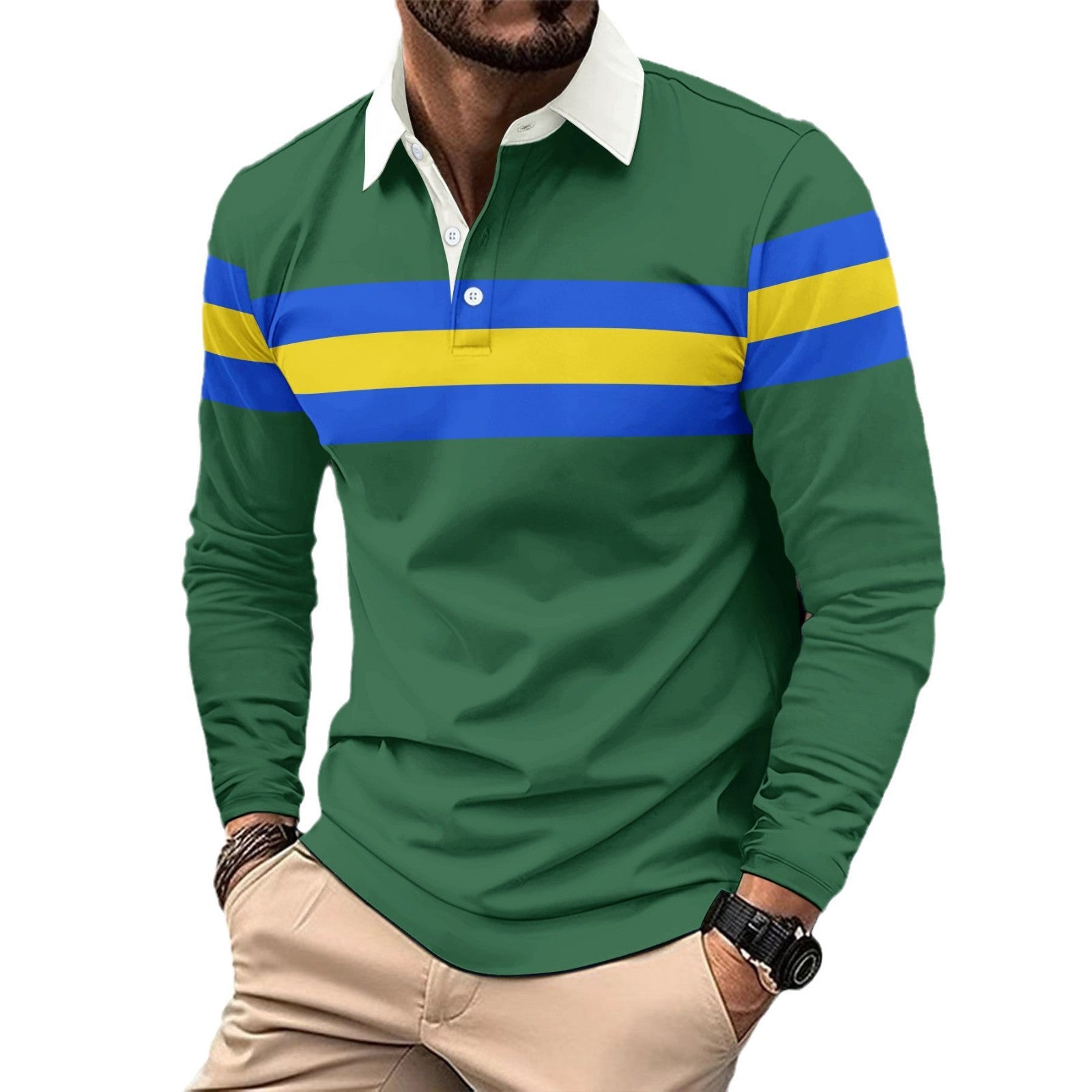 Men's Full Size Collared Contrast Striped Polo Plus Size