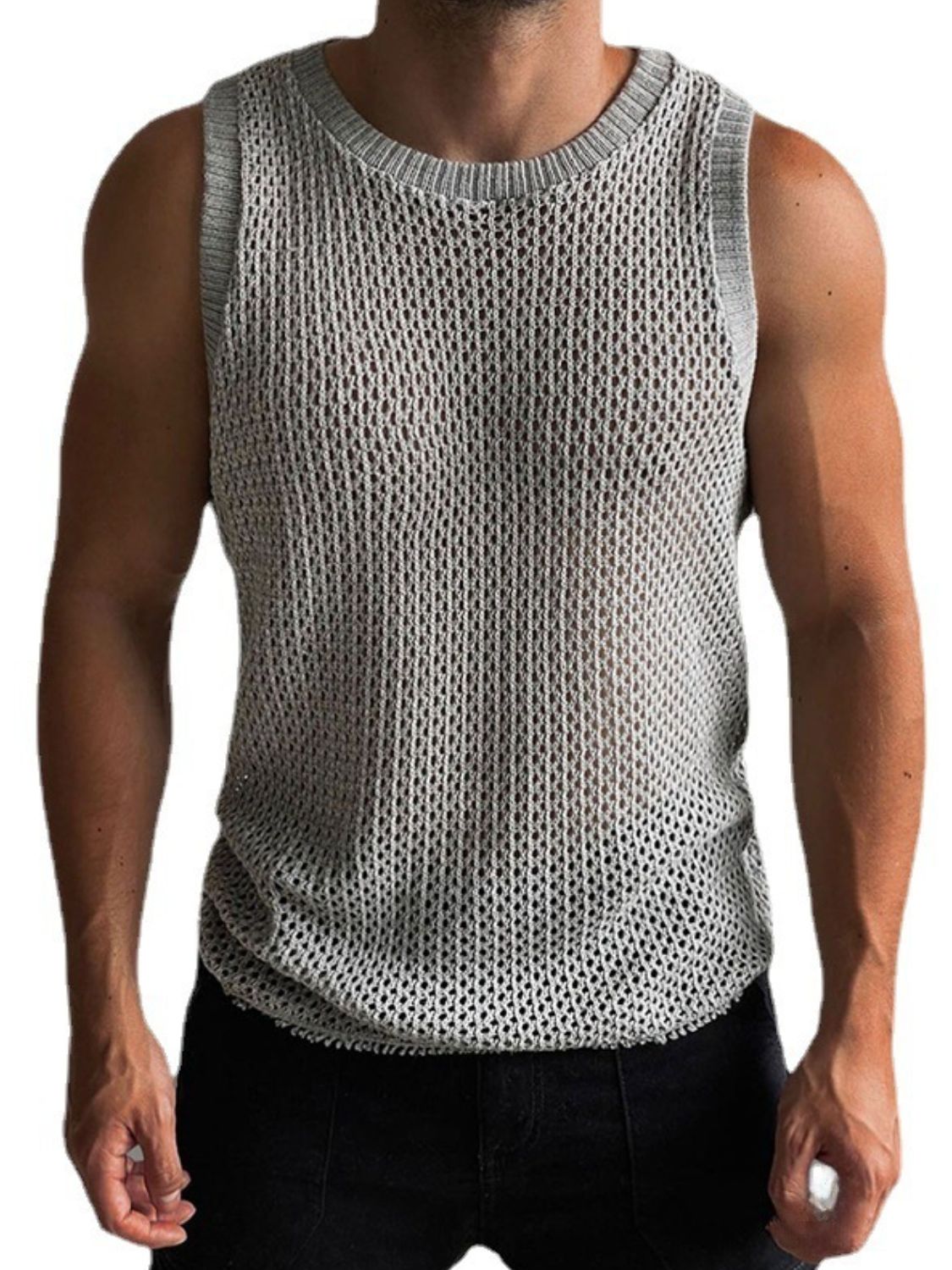 Men's Round Neck Hollow Out Sleeveless Knit Top - Clothes For Her Online Store