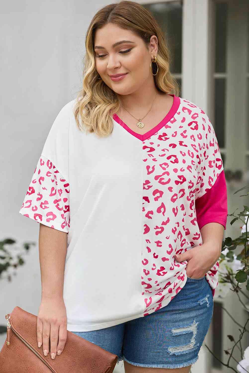 Plus Size Leopard V-Neck T-Shirt - Clothes For Her Online Store