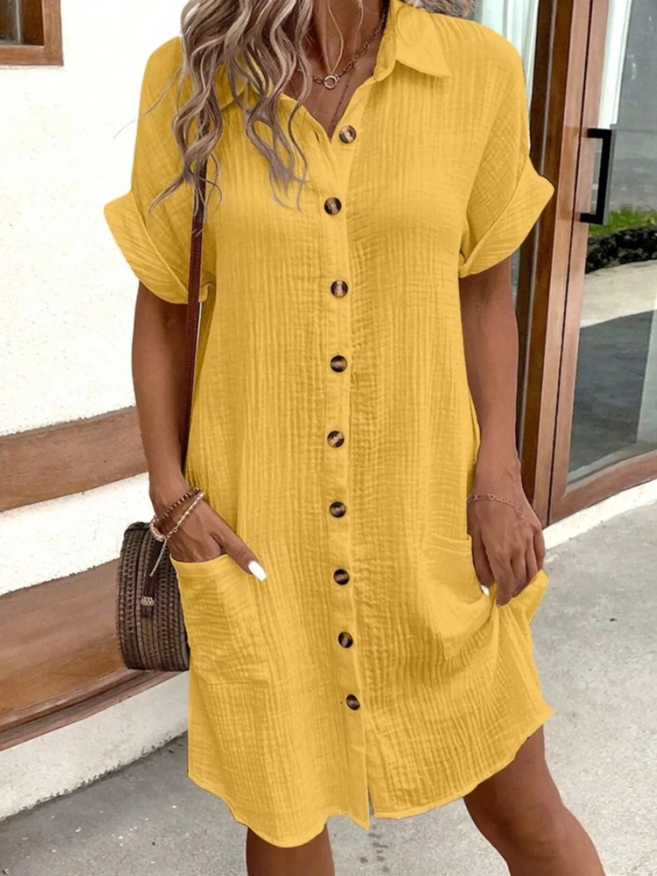 Casual Button Down Cotton Shirt Dress with Pockets