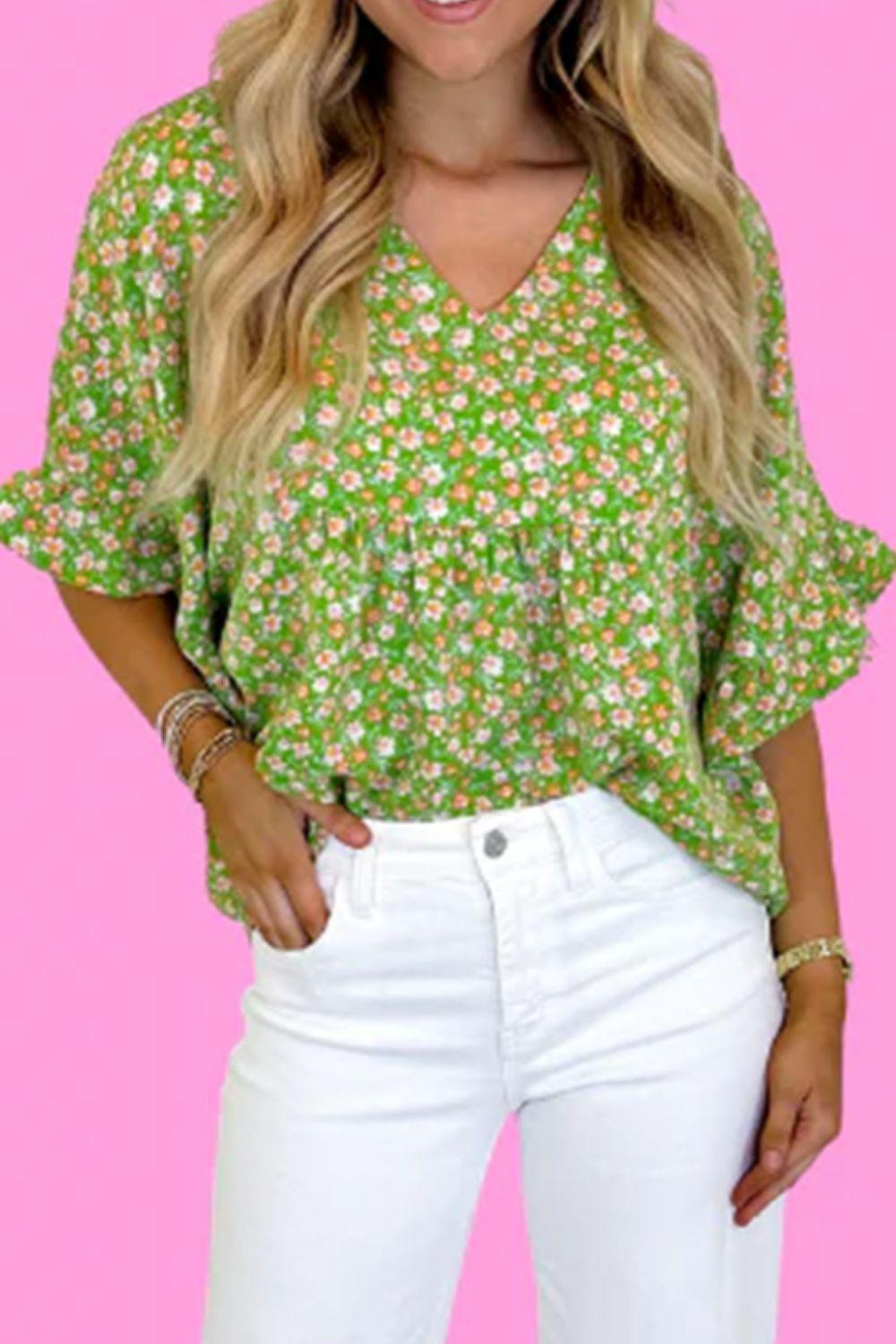 Ruffled Floral V-Neck Half Sleeve Blouse