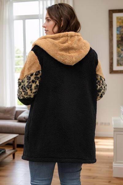 Plus Size Leopard Zip Up Hooded Outerwear - Clothes For Her Online Store