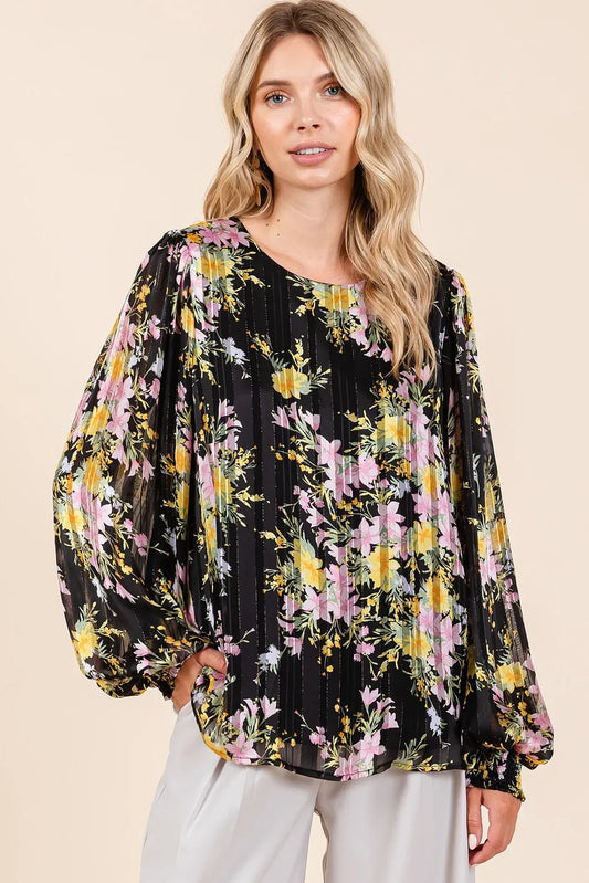 Mittoshop Satin Gold Lurex Striped Long Sleeve Chiffon Top