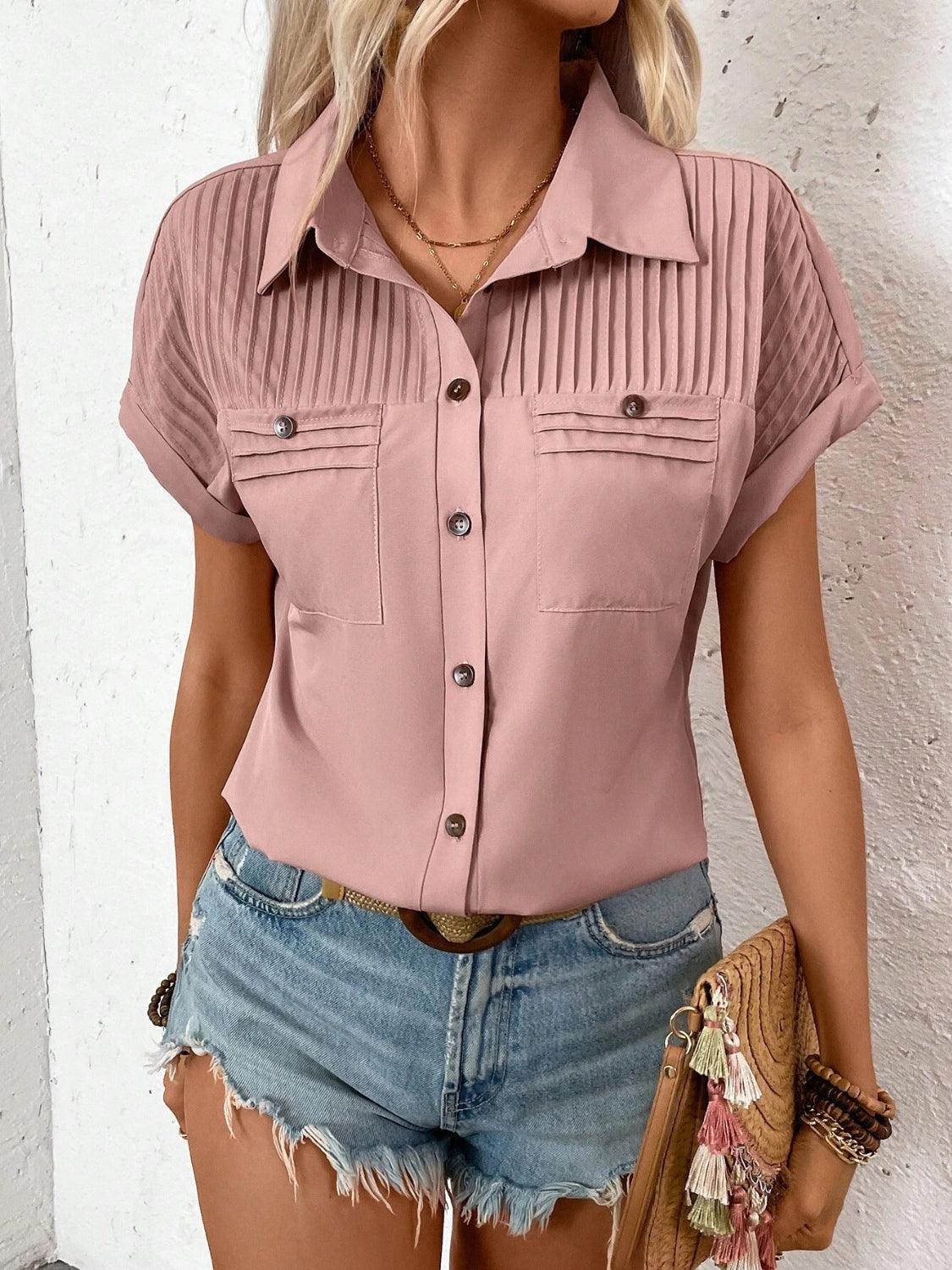 Pleated Detail Collared Neck Short Sleeve Shirt