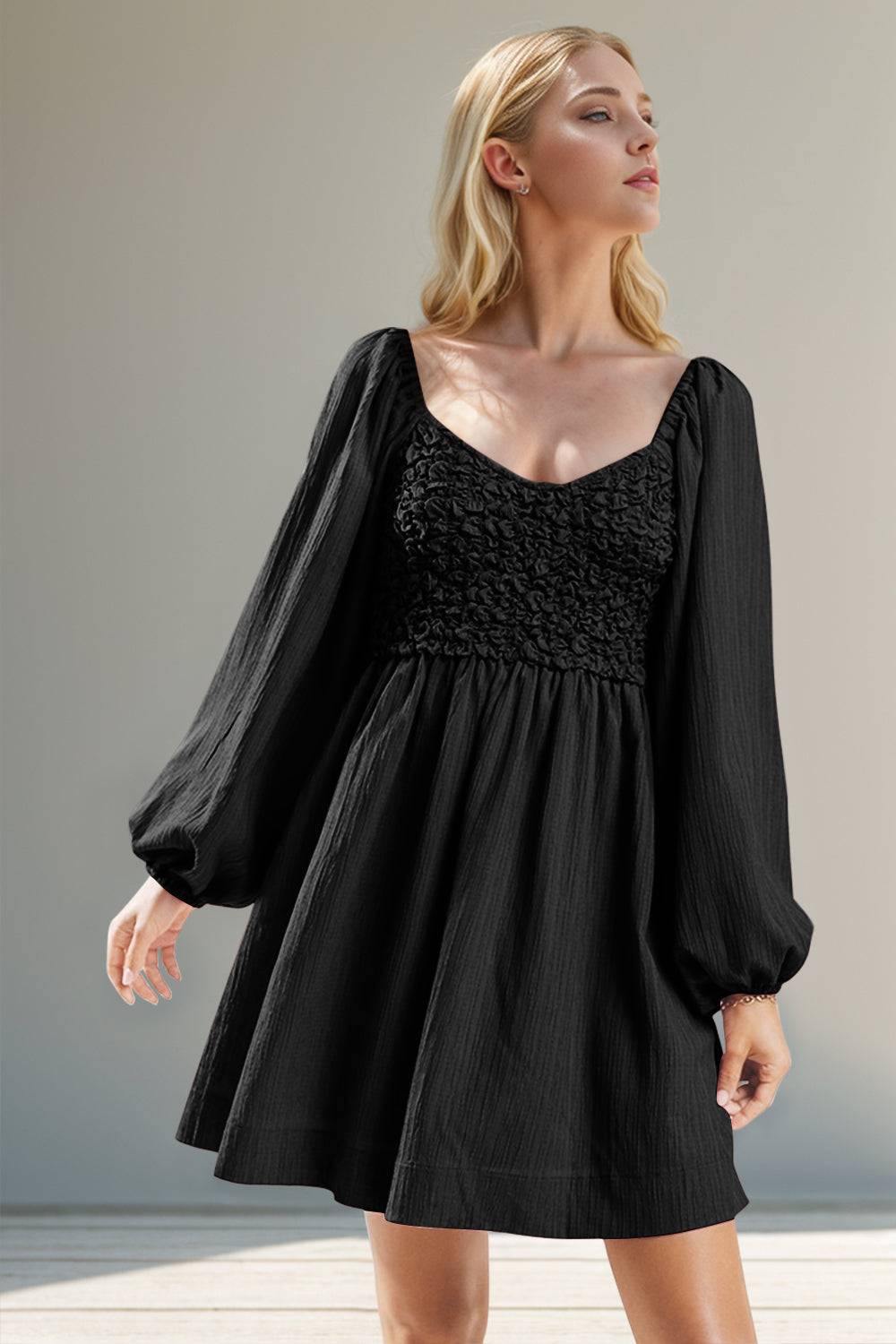 Double Take Texture Smocked Balloon Sleeve Mini Dress - Clothes For Her Online Store