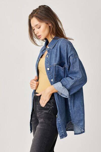 RISEN Button Up Drop Shoulder Denim Shacket