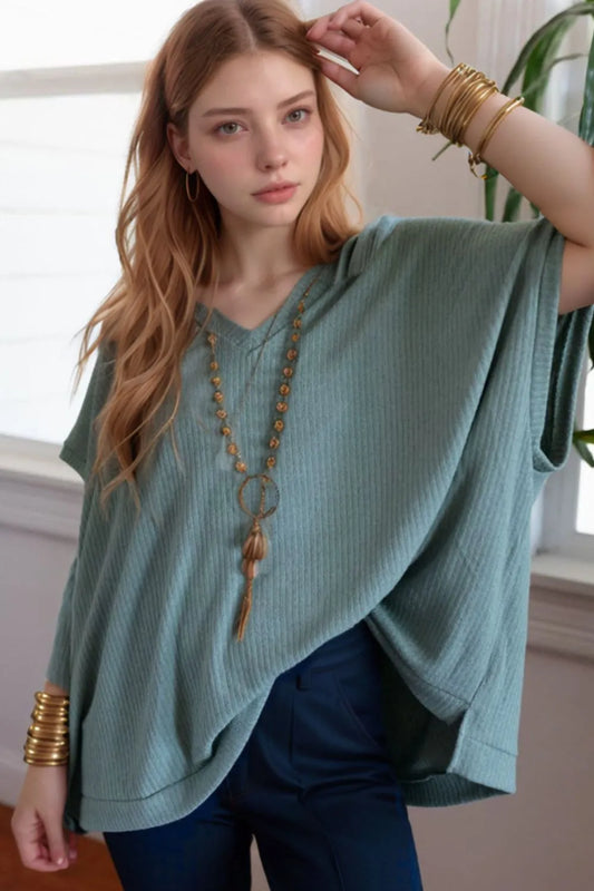 Oversized Ribbed Knit V Neck Dolman Short Sleeve Top
