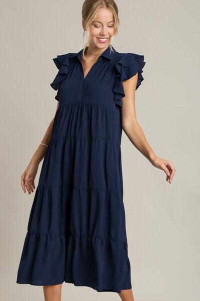 Umgee Full Size Johnny Collar Ruffle Cap Sleeve Tiered Dress Plus Size