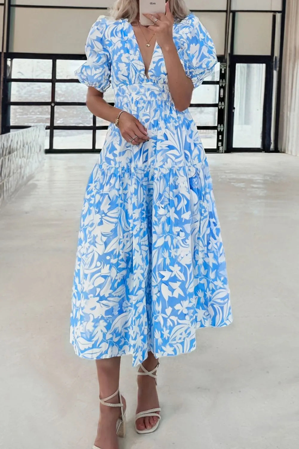 Floral V Neck Puff Short Sleeve Flowy Dress