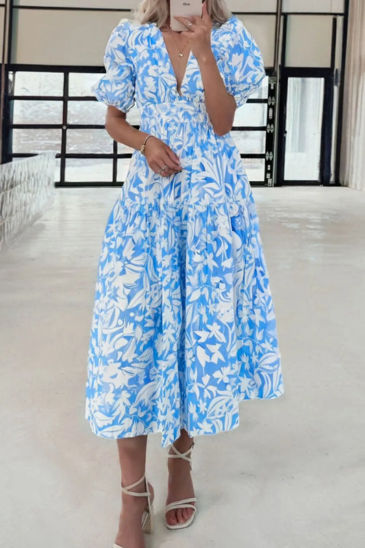 Floral V Neck Puff Short Sleeve Flowy Dress