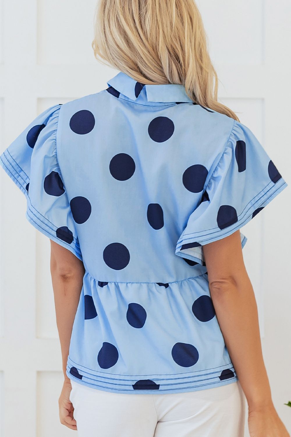 Polka Dot Print Ruffled Short Sleeve Buttoned Collared Blouse