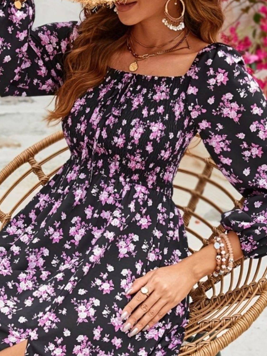 Slit Smocked Floral Square Neck Balloon Sleeve Midi Dress