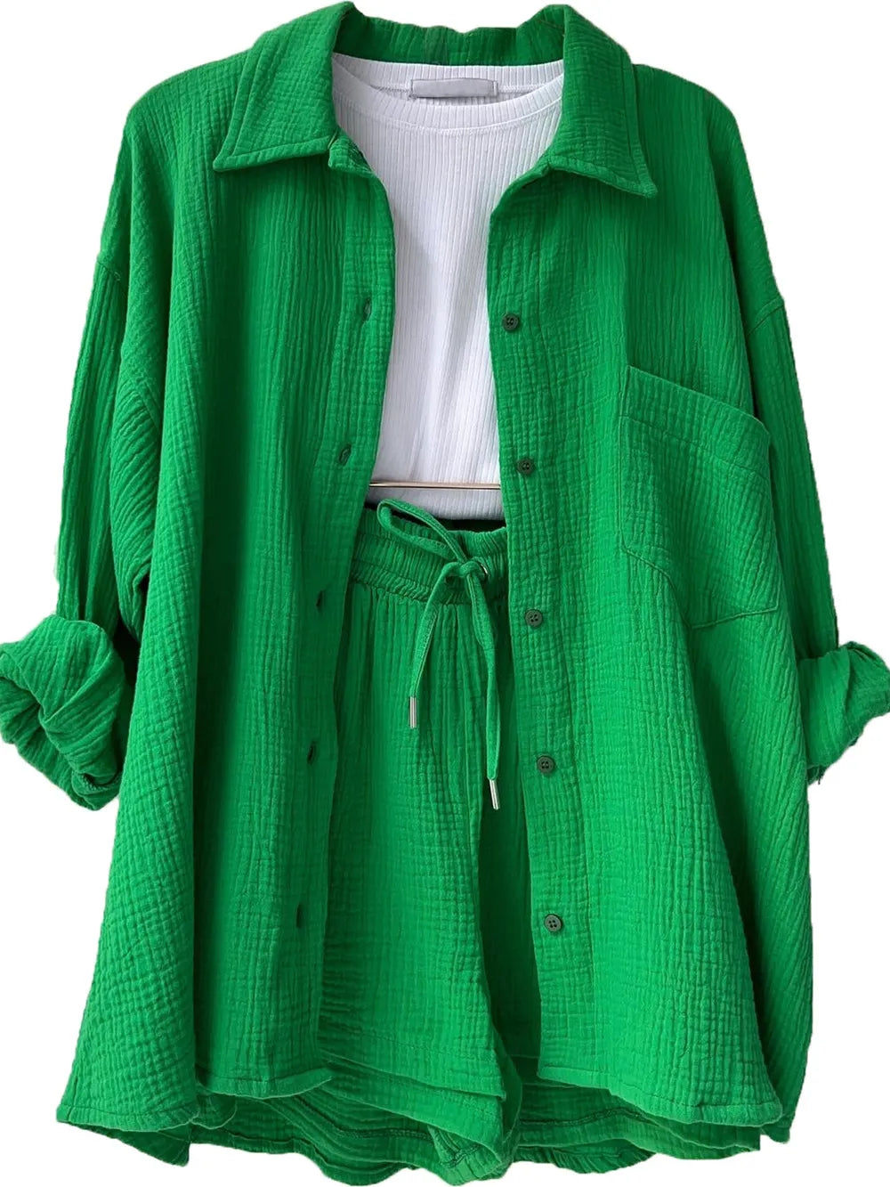 Texture Button Up Shirt and Drawstring Shorts Set - Clothes For Her Online Store