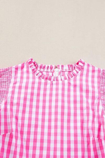 Checkered Ruffled Sleeve Frilled Neck Blouse