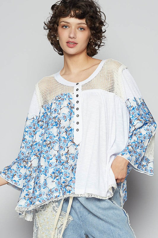 POL Washed Floral Print Crochet Detail Top