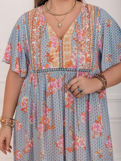 Plus Size Printed Tie Neck Flutter Sleeve Maxi Dress