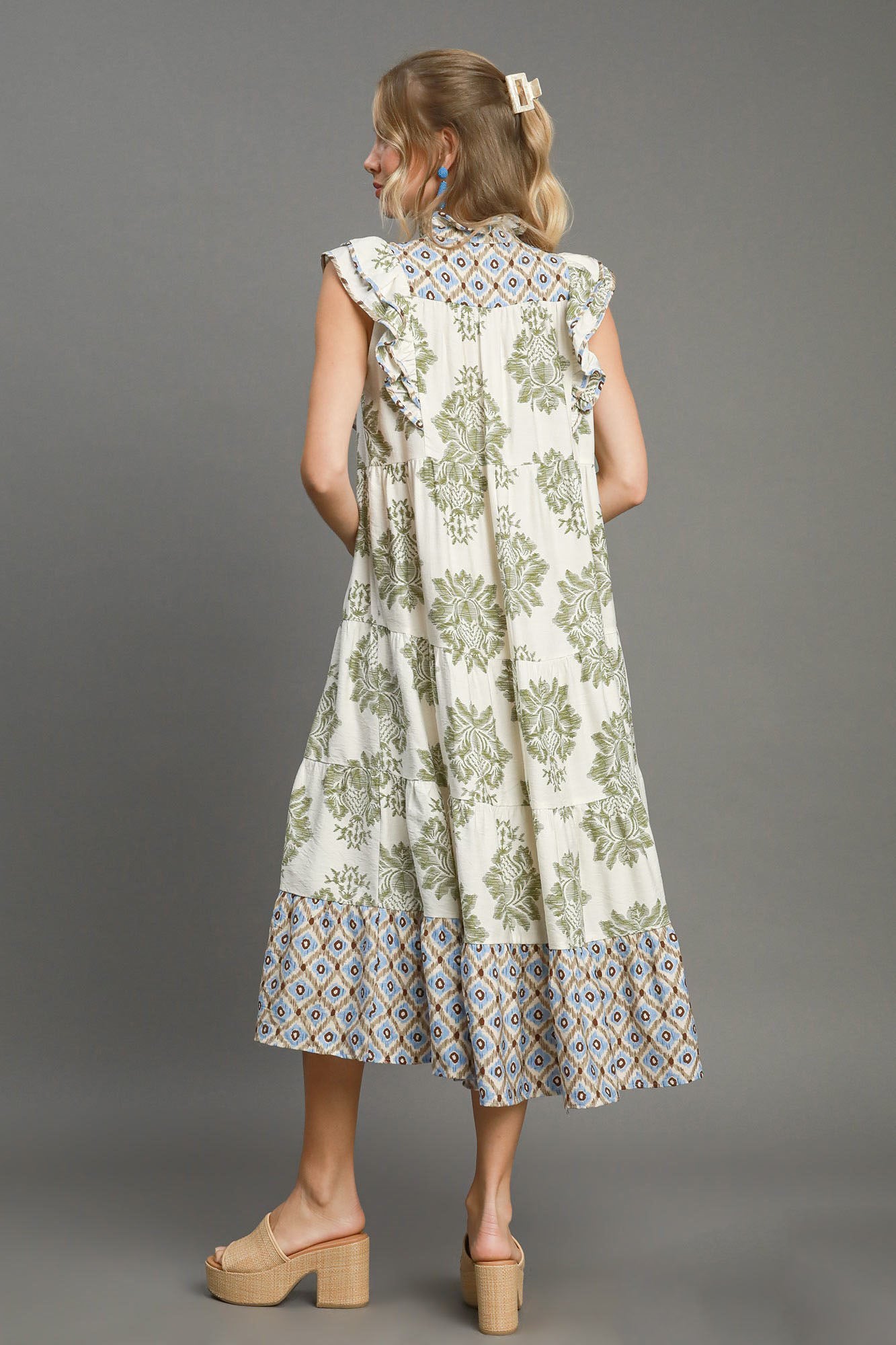 Umgee Full Size Mixed Print Ruffle Cap Sleeve Midi Dress Plus Size - Clothes For Her Online Store