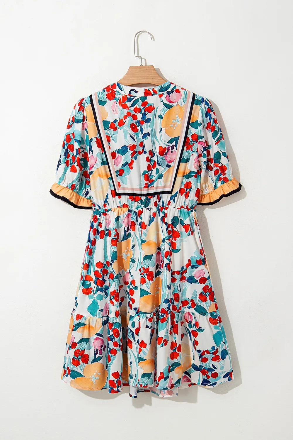 Floral Print Zipper Ruffled Short Sleeve High Waist Mini Dress