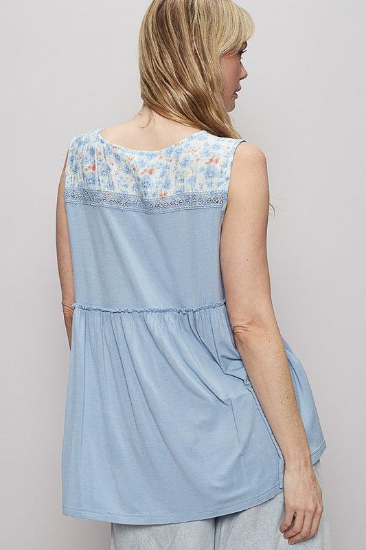 POL Lace Detail Frill Floral V-Neck Sleeveless Top