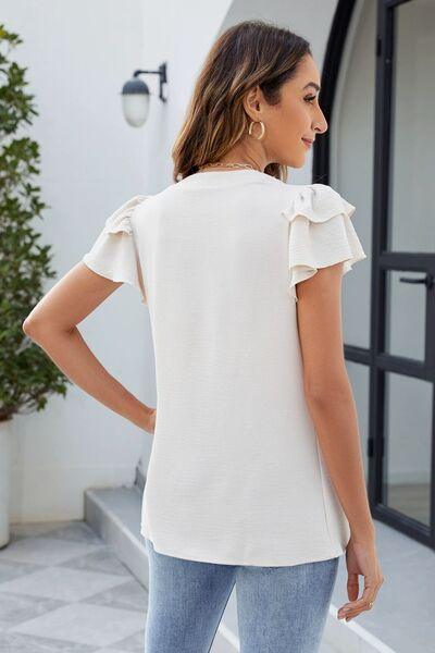 Ruffled Notched Short Sleeve Blouse - Clothes For Her Online Store