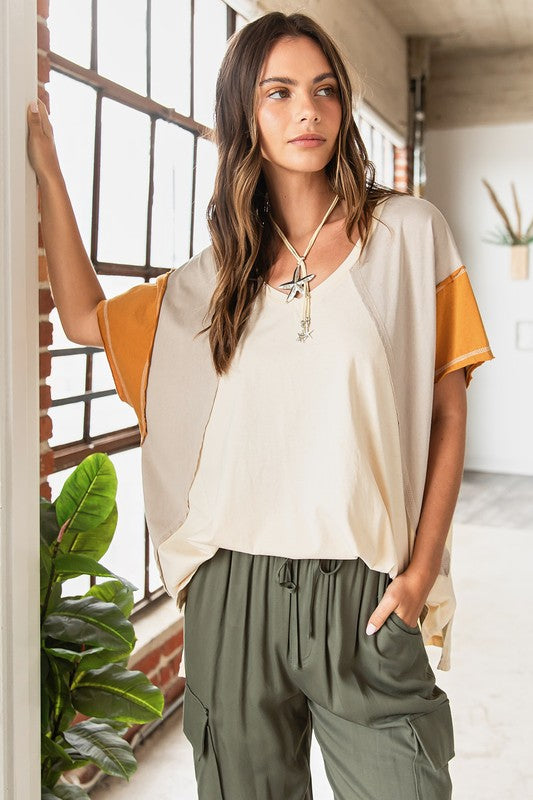 Mittoshop Color Block V-Neck Short Sleeve T-Shirt - Clothes For Her Online Store