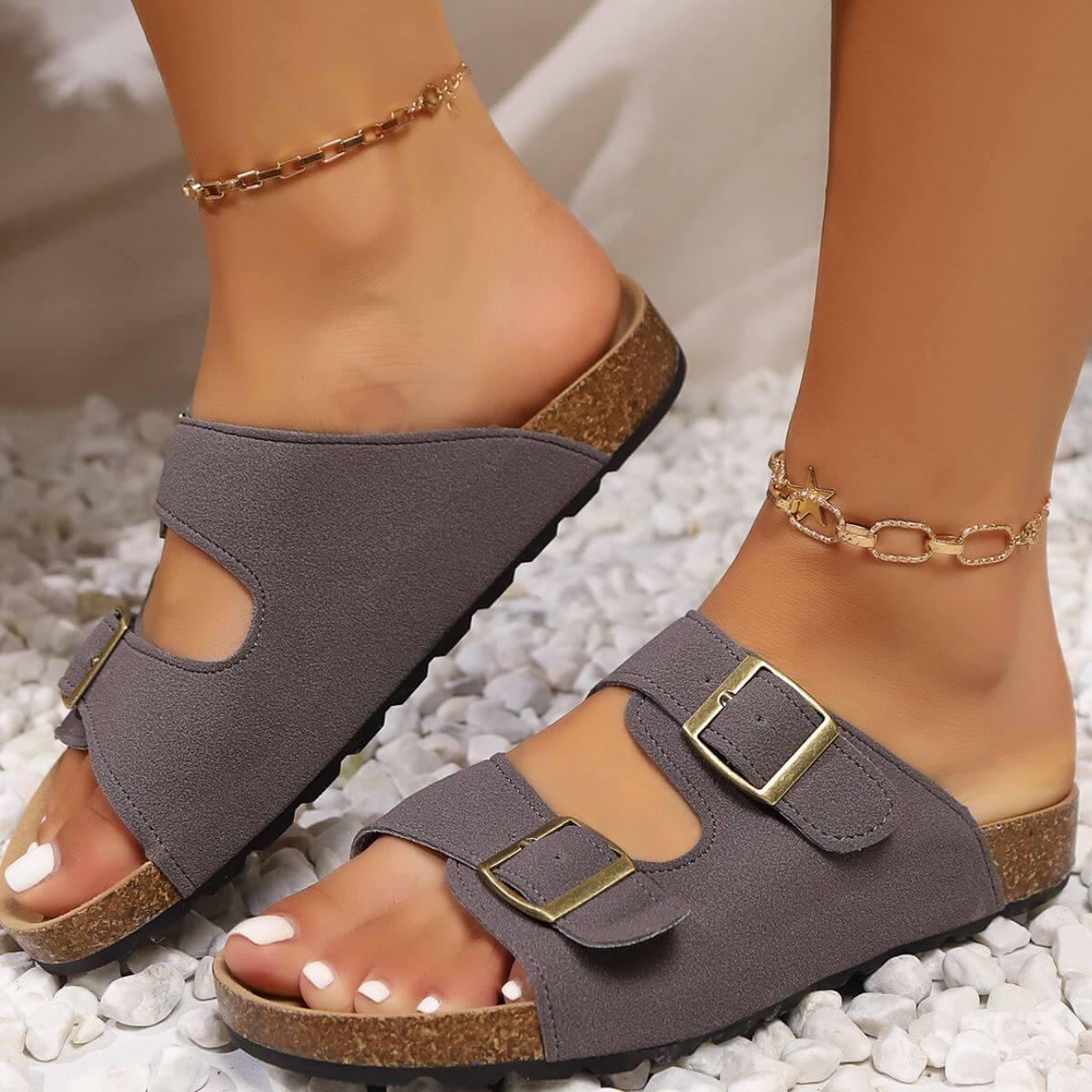 Double Buckle Open Toe Flats Sandals