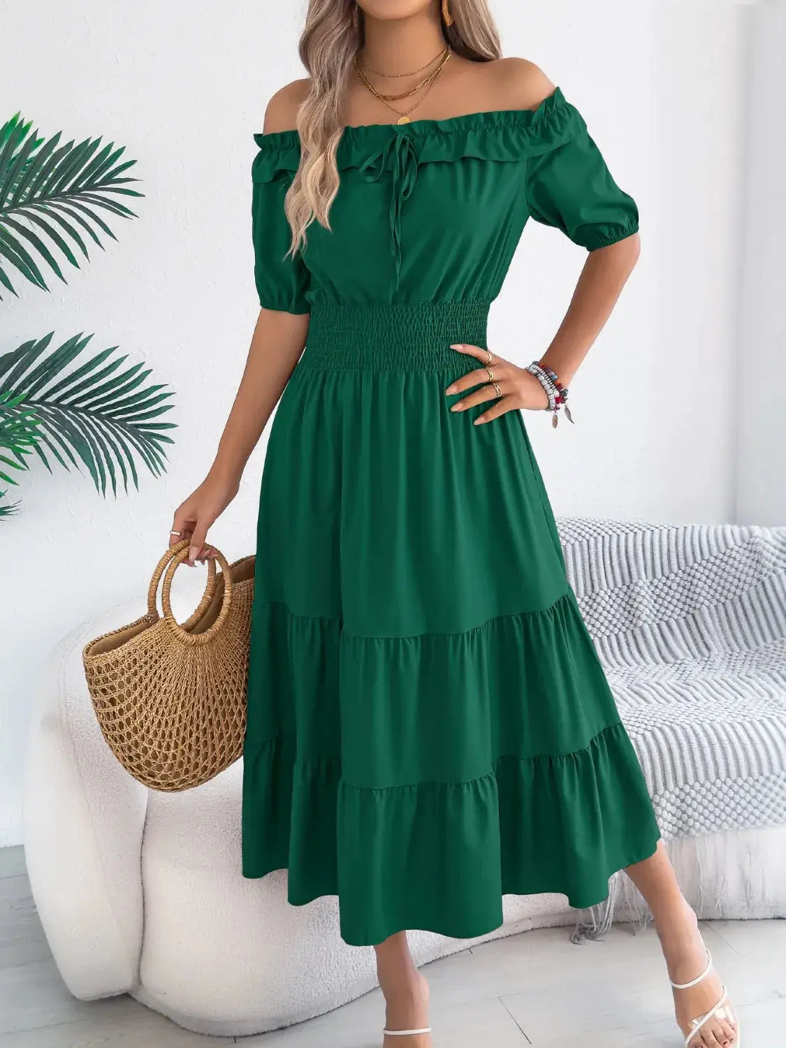 Smocked Off-Shoulder Tiered Dress - Clothes For Her Online Store