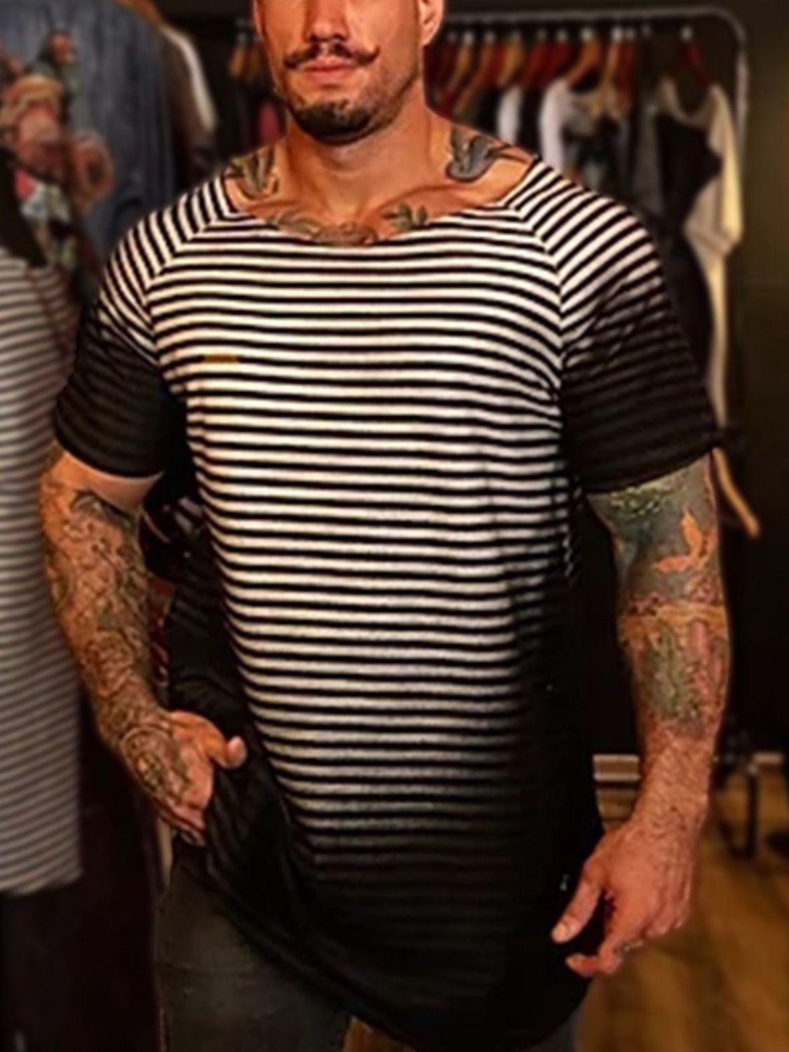 Men's Full Size Round Neck Short Sleeve Striped T-Shirt Plus Size