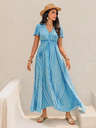 Printed Button Down Short Sleeve Maxi Dress - Clothes For Her Online Store
