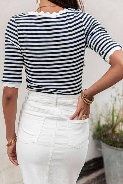 Striped Contrast Scallop Trim Half Sleeve T-shirt