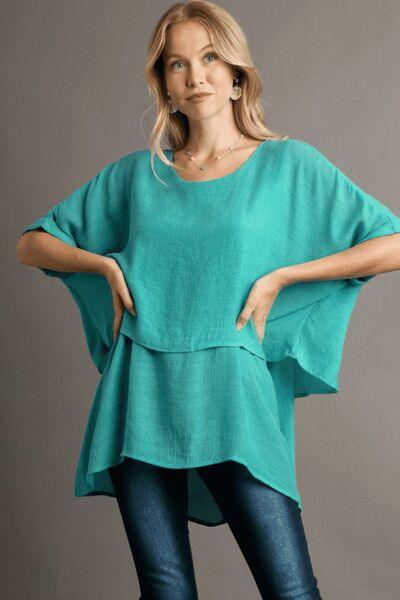 Umgee Full Size Cuffed Half Sleeve Layered Top Plus Size