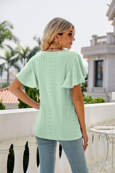 Mandy Eyelet Round Neck Flutter Sleeve Top