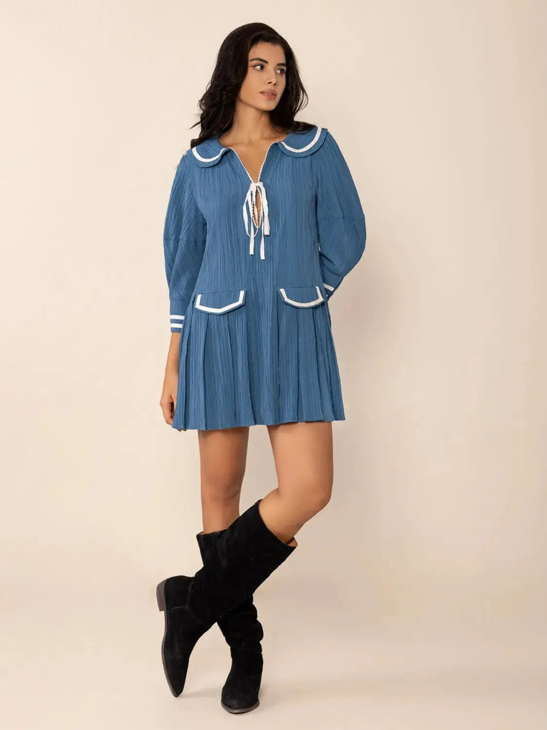 Tie Front Pleated Three-Quarter Sleeve Mini Dress - Clothes For Her Online Store