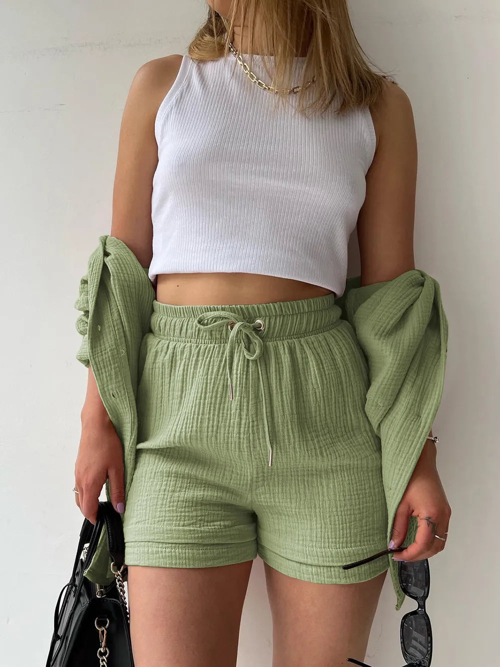 Texture Button Up Shirt and Drawstring Shorts Set - Clothes For Her Online Store
