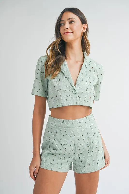MABLE Eyelet Short Sleeve Crop Top and Shorts Set - Clothes For Her Online Store
