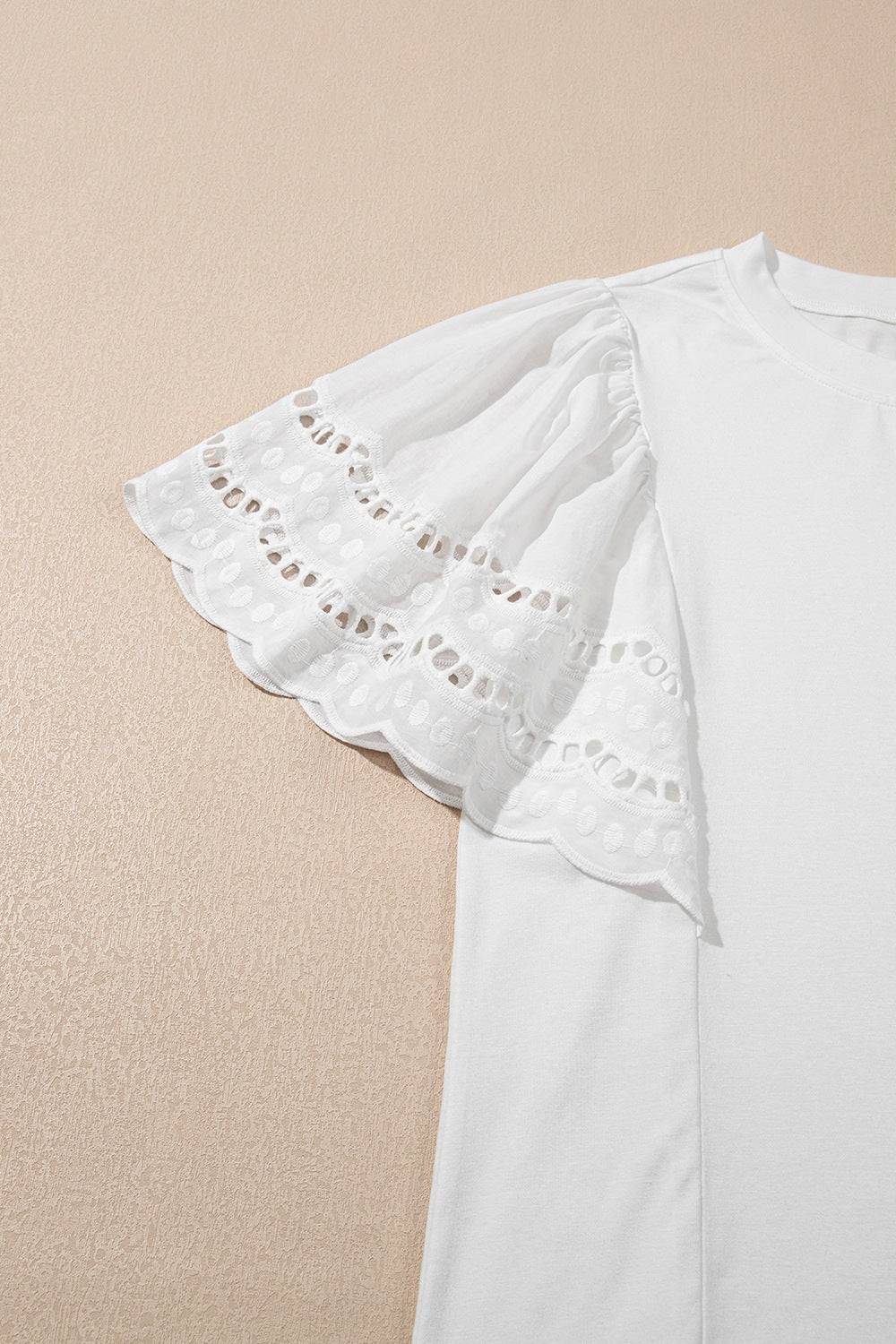 Hollow Out Embroidered Short Sleeve Round Neck Top