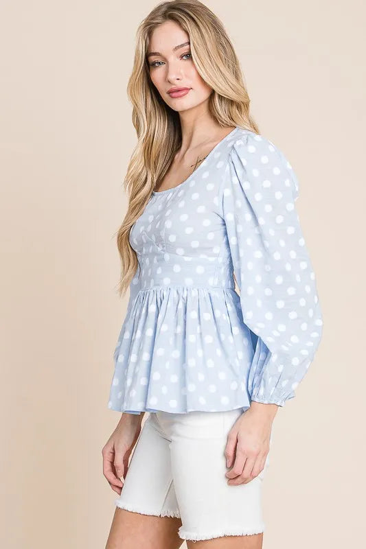 Lime 'N' Chili Polka Dot Print Balloon Sleeve Babydoll Peplum Top