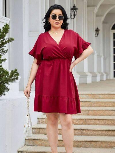Plus Size Ruched Surplice Flounce Sleeve Mini Dress - Clothes For Her Online Store
