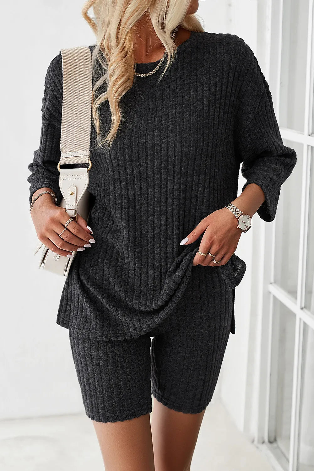 Devine Ribbed Round Neck Top and Shorts Set - Clothes For Her Online Store